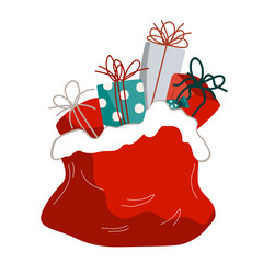 Santa Claus bag full of gifts and decorations isolated on white background. Vector illustration.