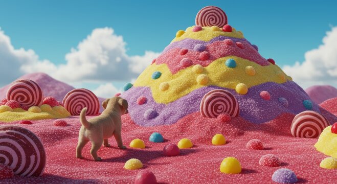 Whimsical world of Sugar and a Puppy : A small puppy explores a surreal candy land landscape of giant lollipops, gumdrops, and a colorful mountain, an adorable blend of fantasy and sweetness.