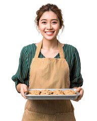 Cheerful young woman proudly displays homemade cookies baked to perfection in a tray sharing her delicious baking creations with a genuine smile homemade desserts a perfect sweet