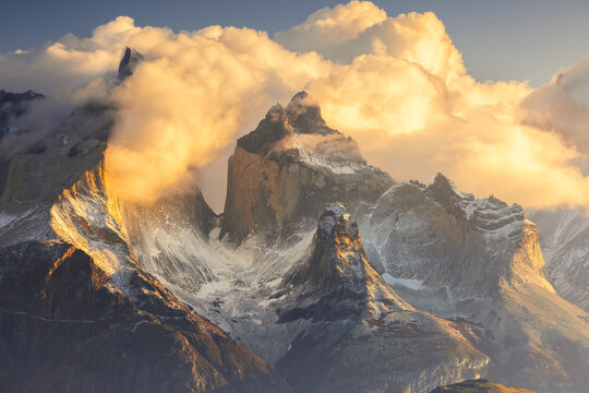 Cuernos del Paine during sunrise, Torres del Paine NP, Ultima Esperanza, Region de Magallanes y de la Antartica Chilena, Patagonia, Chile