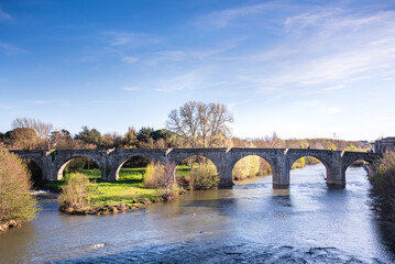 Fototapeta premium Arched stone bridge Pont Vieux in river Aude. Medieval castle of Carcassonne, Languedoc-Roussillon, France