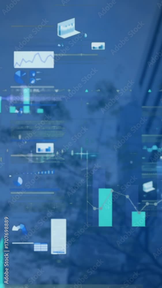 Aufkleber animation of multiple graphs over low angle view of tree and modern buildings against sky