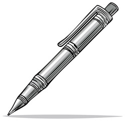 Naklejka premium Classic silver ballpoint pen with a clip, drawn in a sketch style with shading and a subtle shadow