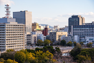 Obraz premium Urban Skyline of Hiroshima City with Office Buildings and Tree-Lined Rivers at Sunset, Japan