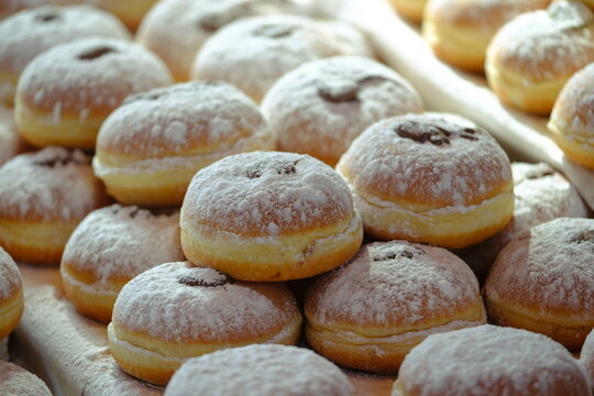 Krapfen , bomboloni freschi con zucchero a velo, dolci tradizionali. 