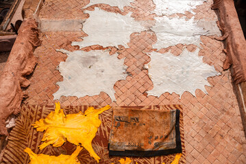 Freshly Dyed Yellow Leather Hides Drying on Rooftop in the Medina of Fes, Morocco