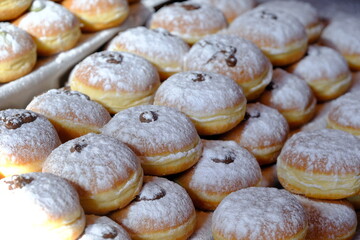 Krapfen , bomboloni freschi con zucchero a velo, dolci tradizionali. 