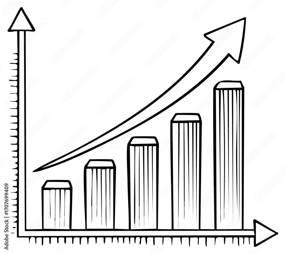 Poster rising bar chart line graph depicting progress success and business growth in simple hand drawn mono