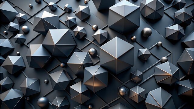 Dark geometric abstraction with varying cubic and spherical shapes arranged densely