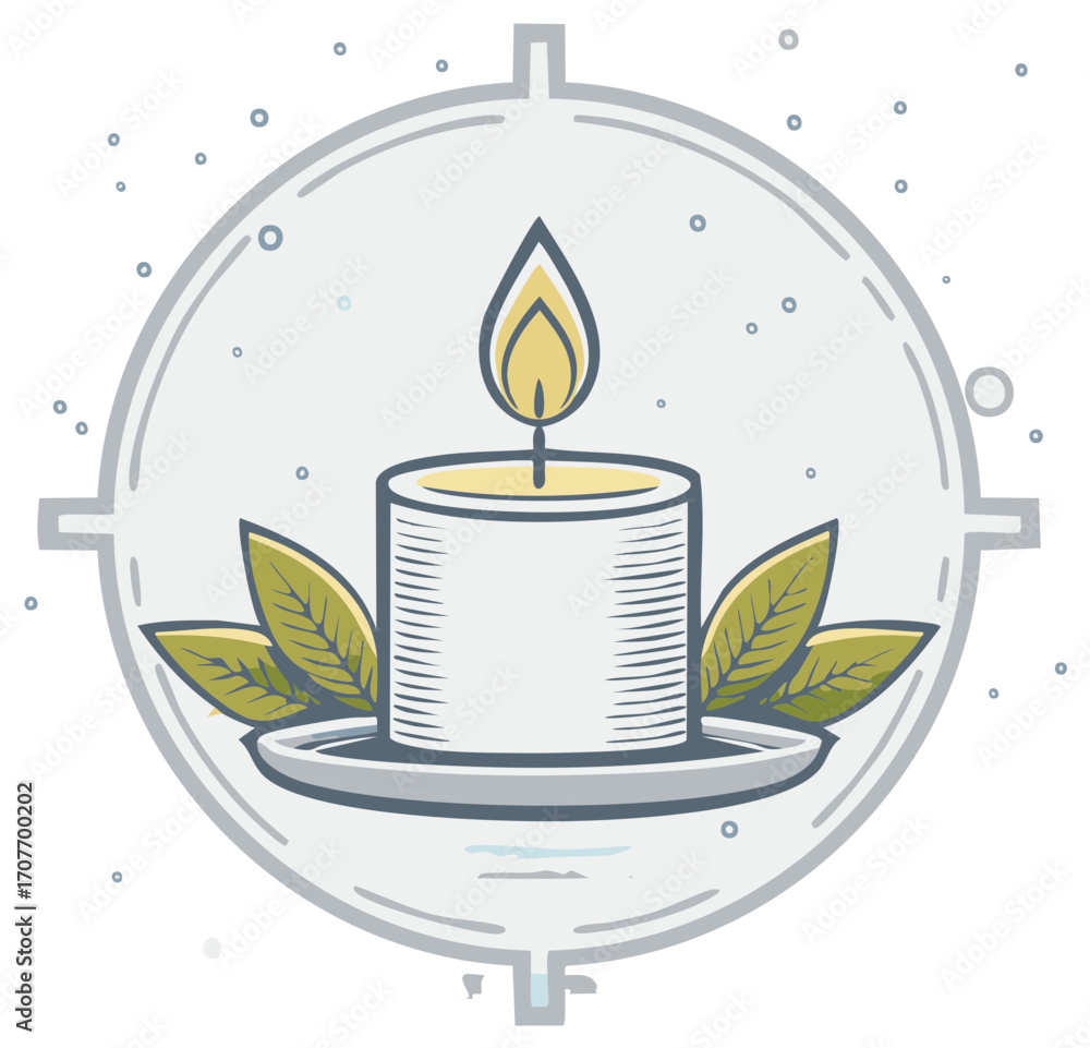 Poster burning candle with leaves inside a circular frame with abstract elements