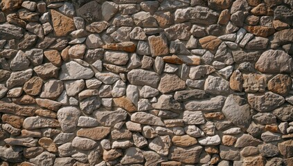 A close-up view of a textured stone wall, featuring a variety of muted earth tones and irregular stone shapes.