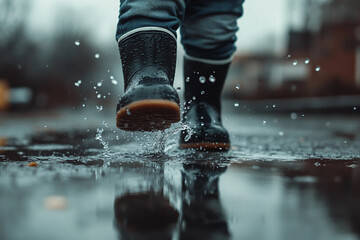 Generative AI image of child wearing gum boots joyfully splashing through puddle on rainy spring autumn or summer day outdoors