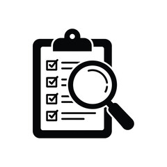 Magnifying glass over checklist on clipboard icon