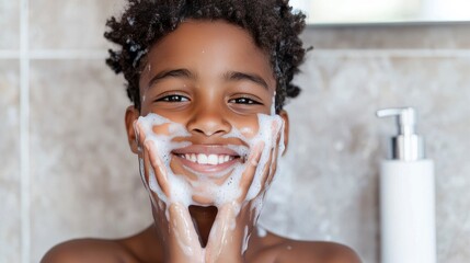 Teen boy washing face with soap and smiling in bathroom  