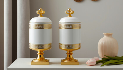 white ceramic snack jar with gold thread
