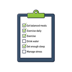 A comprehensive checklist for maintaining a healthy lifestyle, covering balanced meals, daily exercise, hydration, sleep, and stress management