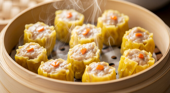 Steaming Siomai Close-up on Bamboo Basket