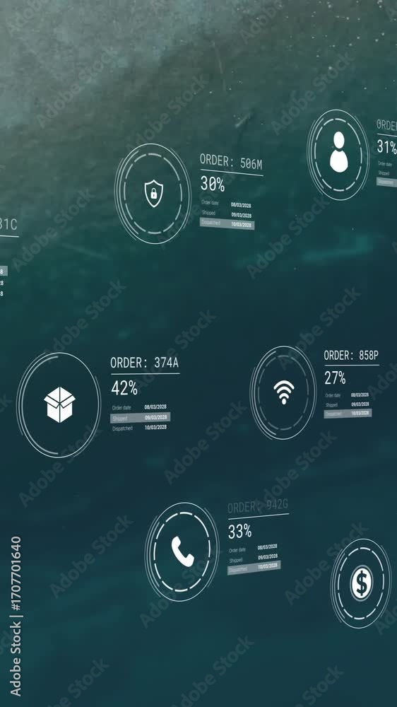Poster animation of network of icons with data processing over seascape