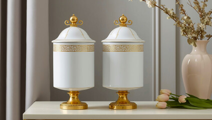 white ceramic snack jar with gold thread
