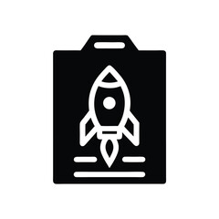 White rocket launches from a black clipboard in an icon style against white