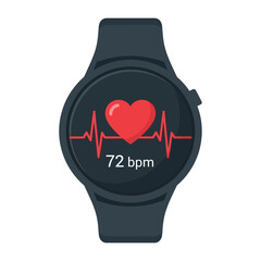 Fototapeta premium Smartwatch displaying a heart rate of 72 bpm with a red heart icon and an electrocardiogram line.