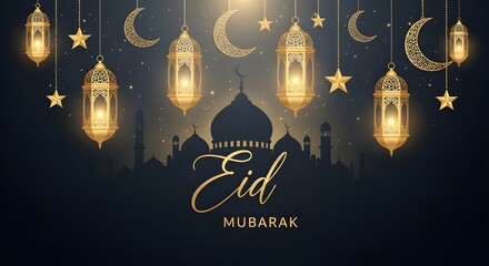 Elegant Eid Mubarak greeting card with mosque silhouette, golden lanterns and crescent moons