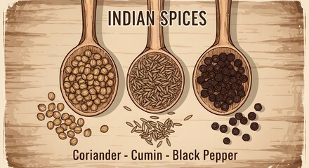 Indian Spices Coriander Cumin and Black Pepper in wooden spoons