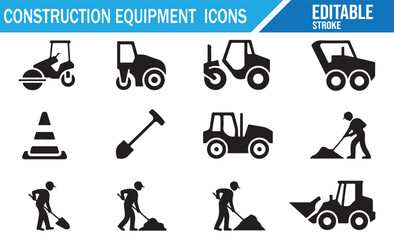 Set of construction equipment icons with workers, tractors, bulldozers, excavators, jackhammers, traffic cones, and roadwork tools in editable stroke silhouette style for building, engineering, and sa