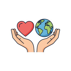 Loving hands gently cradling a heart and the Earth, symbolizing global care and compassion.