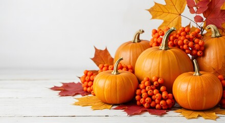 Luminous Autumn Still Life: Pumpkins, Rowan Berries, and Maple Leaves on a White Wooden Table with Ample Copy Space.