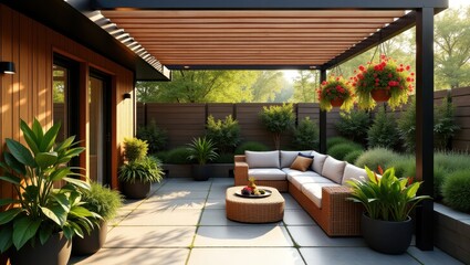 Fototapeta premium A sun-drenched outdoor patio area with a modern pergola and lush greenery.