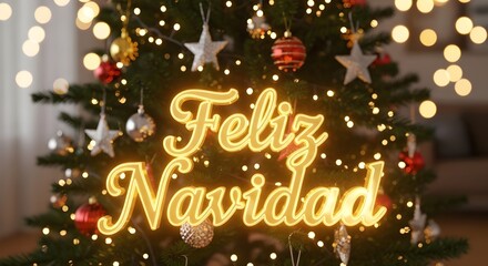 Feliz Navidad message on Christmas tree with decorations