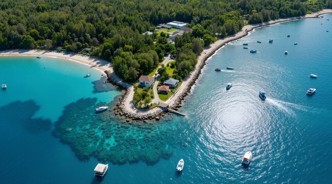 Aerial View of Coastal Haven serene seaside landscape and lush green foliage - Powered by Adobe