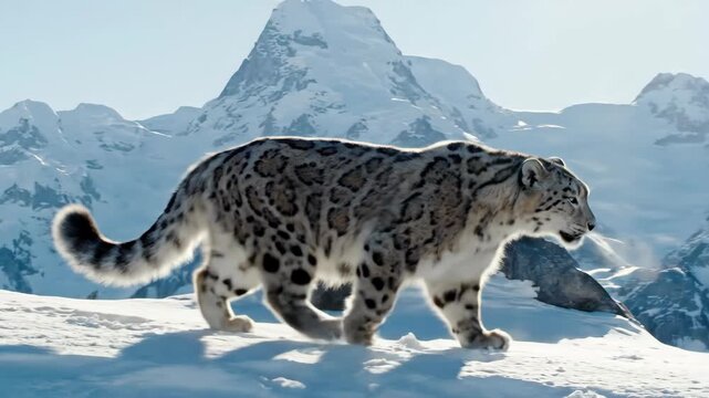 A snow leopard strides across a snowcovered landscape with towering snowcapped mountains in the background