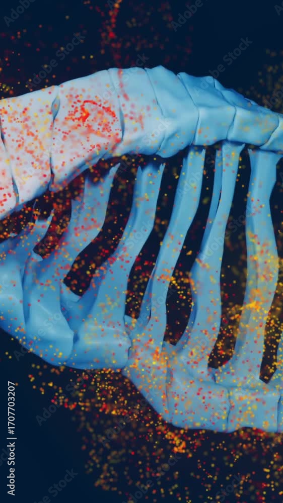 Wall mural animation of dna strand and mesh of glowing spots on dark background