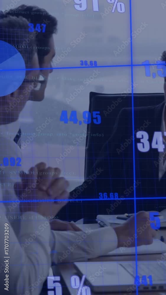 Poster animation of financial data processing over diverse colleagues discussing work in office