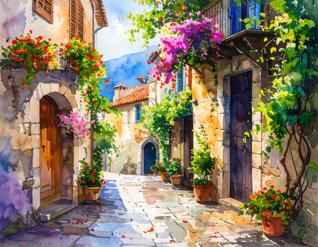 Fototapeta Charming Old Street with Arched Entry – Watercolor Illustration