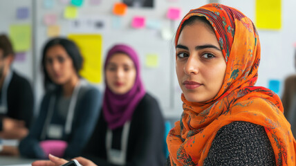 Young hijabi woman engaged in thoughtful discussion in a diverse focus group setting. Survey research answer checklist