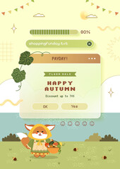 Autumn poster with cute animal illustration and retro computer pop up window