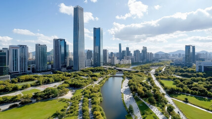 Modern city skyline with solar powered skyscrapers and lush green parks
