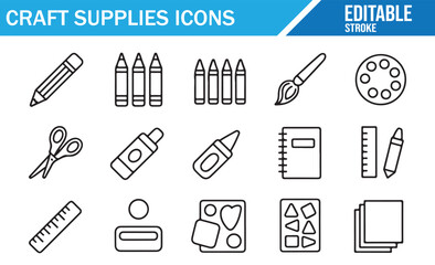 Minimal line icons of craft materials including ruler, palette, and scissors