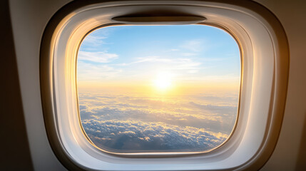 Fototapeta premium Breathtaking view of sunrise through airplane window, showcasing clouds and blue sky