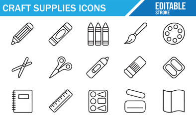 School and art project supplies icons set with creative stationery elements