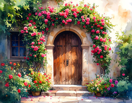 Fototapeta Rustic Wooden Door with Flowers – Watercolor Illustration 