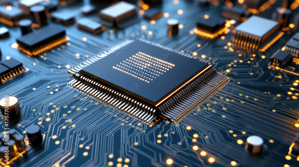 Poster close up of circuit board with microchip, glowing lights, and intricate details