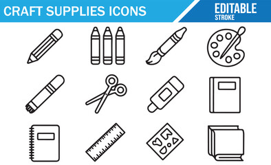 Set of craft supplies icons with pencil, crayons, paintbrush, palette, scissors, ruler, glue, notebook, and stencil elements in editable stroke style for art projects, school design, and creative work