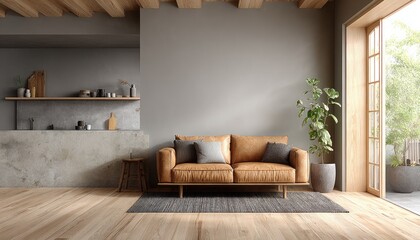 Modern, light-filled living area with exposed beams, a leather couch, and a kitchen alcove