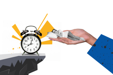 Composite photo collage of peaceful girl wear sleepwear mask nap human palm pillow alarm clock ring regime isolated on painted background