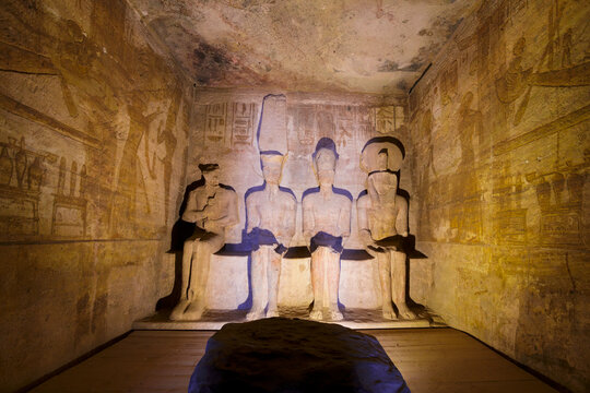 Pharaohs statues in the inner Chamber of the Temple of Ramses II, Abu Simbel, Aswan, Egypt