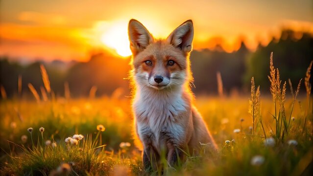 A beautiful red fox gazes forward in a golden sunset field
